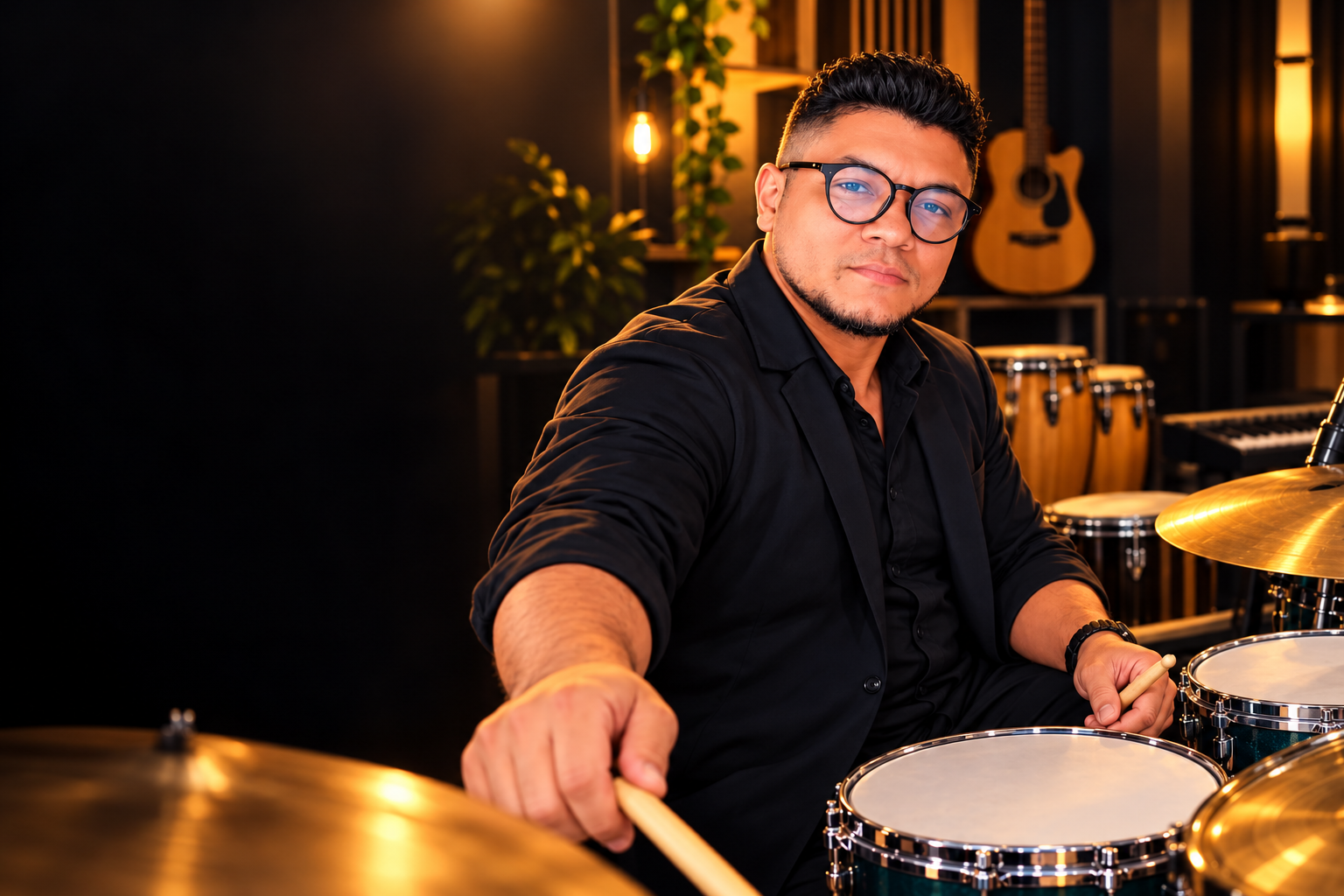 Professor Gilson tocando bateria em um estúdio com iluminação quente